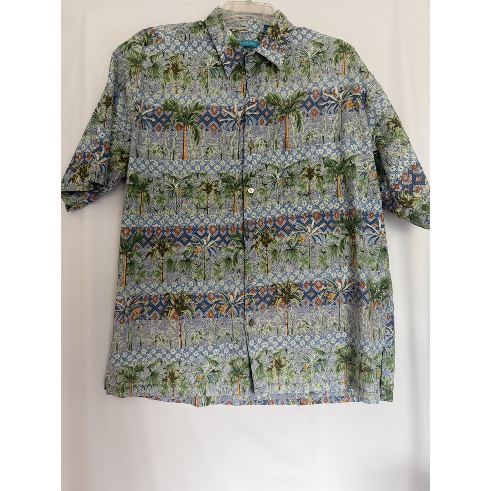 Tori Richard Hawaii Aloha Cotton Blue Button Up Shirt Palm Trees Medium